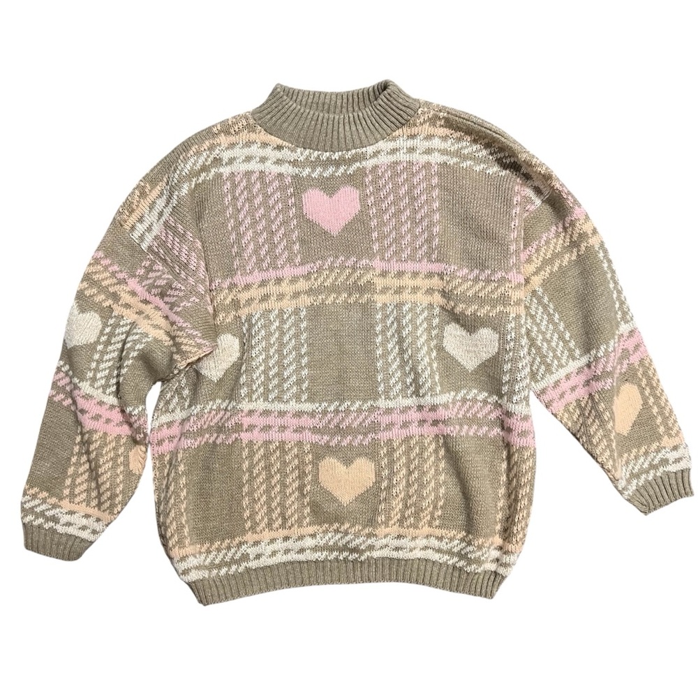 Vintage 90s Hot Cashews Plaid Heart Pattern Sweater - Pink and Tan made in USA